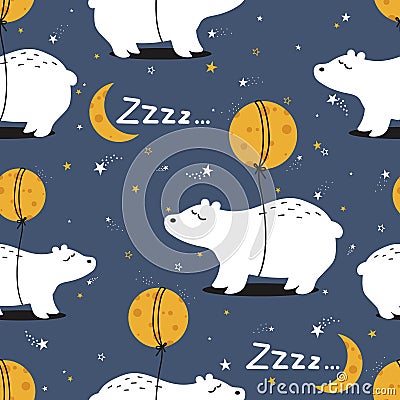 Colorful seamless pattern with bears, moon, stars. Decorative cute background with animals Vector Illustration