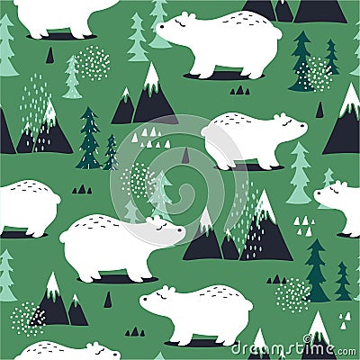 Colorful seamless pattern, bears, mountains and fir trees. Decorative cute background with animals Vector Illustration