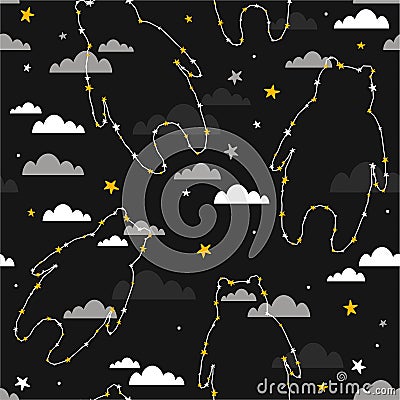 Colorful seamless pattern with bears, stars, clouds. Decorative cute background with funny animals, night sky Vector Illustration