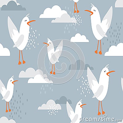 Colorful seamless pattern, birds and clouds. Decorative cute background with seagulls Vector Illustration