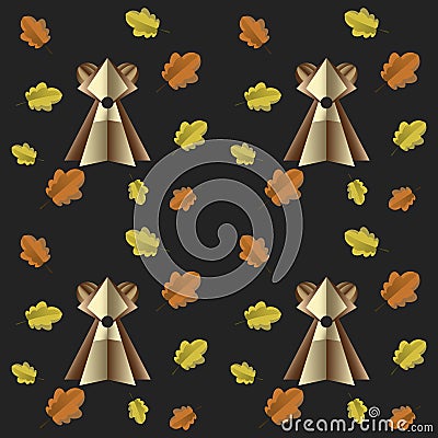 Colorful seamless pattern of brown bear and leaves cut out of paper Cartoon Illustration