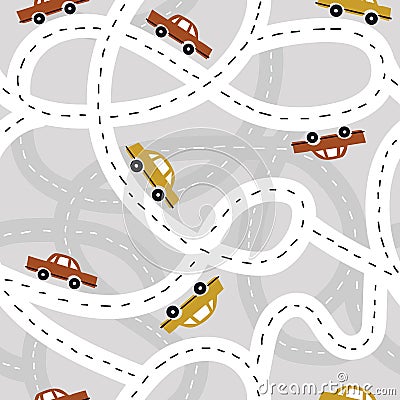 Colorful seamless pattern with cars, roads. Decorative background with funny transport. Automobile Vector Illustration