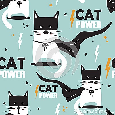 Colorful seamless pattern with cats, stars. Cat power Vector Illustration