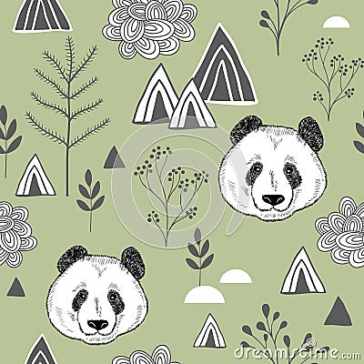 Colorful seamless pattern with cute chinese bear. Vector Illustration