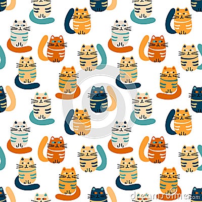 Colorful seamless pattern with cute hand drawn cats Vector Illustration