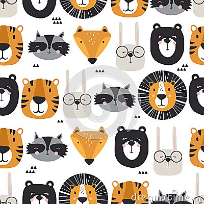 Colorful seamless pattern, cute muzzles of animals. Lions, rabbits, tigers, bears, raccoons, foxes Vector Illustration