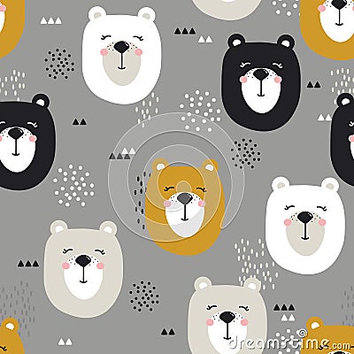Colorful seamless pattern, cute muzzles of bears Vector Illustration