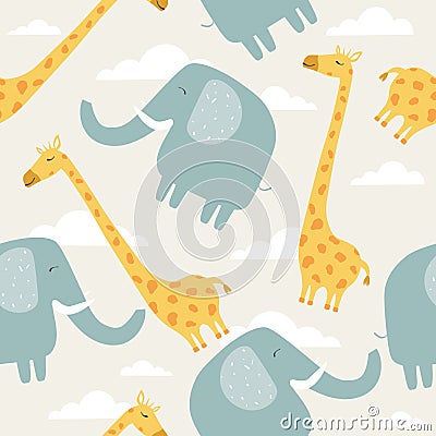 Colorful seamless pattern with elephants, giraffes. Decorative cute background with animals, sky Vector Illustration