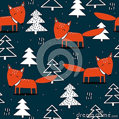Colorful seamless pattern, foxes and fir trees. Decorative cute background with animals, forest Vector Illustration