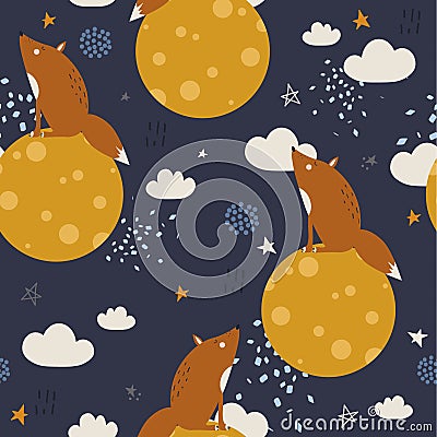 Colorful seamless pattern with foxes, moon, stars. Decorative cute background with funny animals, night sky Vector Illustration