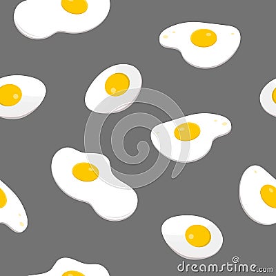 Colorful seamless pattern with fried eggs on gray background. Backdrop with tasty cooked breakfast dish, morning meal Vector Illustration