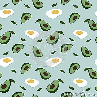 Colorful seamless pattern with fried poached egg, and avocado. Vector backdrop with food. Flat vector seamless pattern Vector Illustration