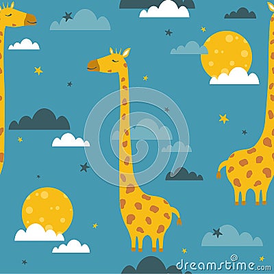 Colorful seamless pattern with funny giraffes, moon, stars. Decorative cute background with happy animals, night sky Vector Illustration