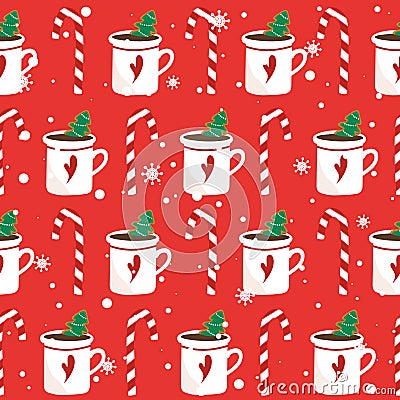 Colorful seamless pattern, gingerbreads, biscuits, cups of cocoa, candy canes. Happy New Year. Merry Christmas Vector Illustration