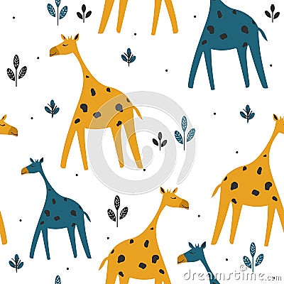 Colorful seamless pattern, giraffes in grass. Decorative cute background with animals Vector Illustration