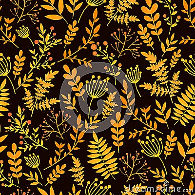 Colorful seamless pattern with gold, red leaves and plants. Bright floral vector decorative ornament. Autumn botanical texture Vector Illustration