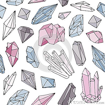 Colorful seamless pattern with gorgeous natural gemstones, mineral crystals, precious and semiprecious faceted stones Vector Illustration