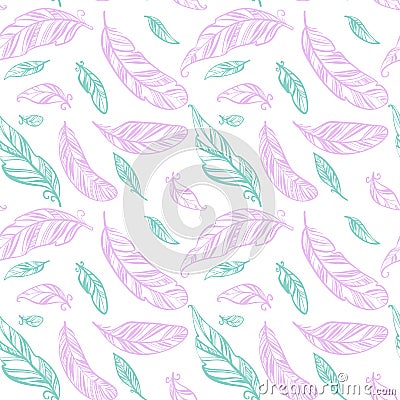 Colorful seamless pattern with hand drawing ornament feathers. Vector Illustration