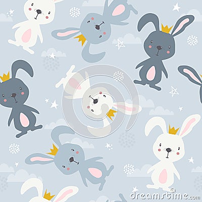 Colorful seamless pattern with happy bunnies, sky. Decorative cute background with animals, stars Vector Illustration