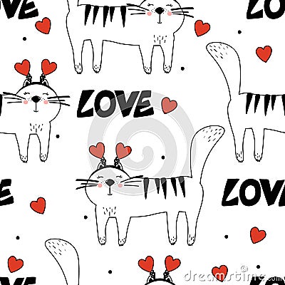 Colorful seamless pattern with happy cats, hearts. Decorative cute background, funny animals, love. Romantic wallpaper Vector Illustration