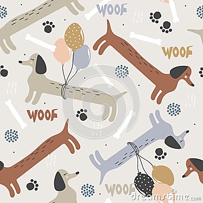 Colorful seamless pattern with happy dogs, air balloons. Decorative cute background, funny dachshunds, bone Vector Illustration