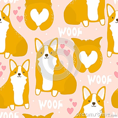 Colorful seamless pattern with happy dogs, hearts. Decorative cute background, romantic corgi Vector Illustration