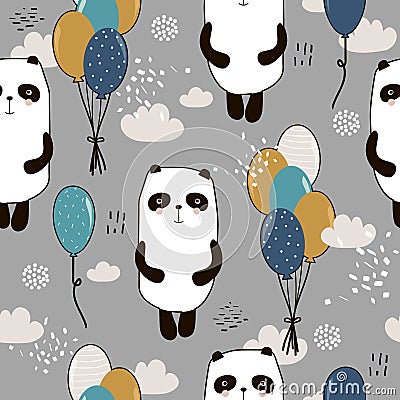 Colorful seamless pattern with happy pandas, air ballons. Decorative cute background with funny animals, sky Vector Illustration