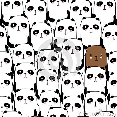 Colorful seamless pattern with happy pandas, bears. Decorative cute background with funny animals Vector Illustration
