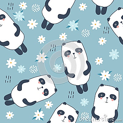 Colorful seamless pattern with happy pandas, flowers. Decorative cute background with funny animals, garden Vector Illustration