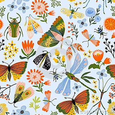 Colorful seamless pattern with insects and flowers. Summer floral repeat background for fabrics or wallpapers Stock Photo