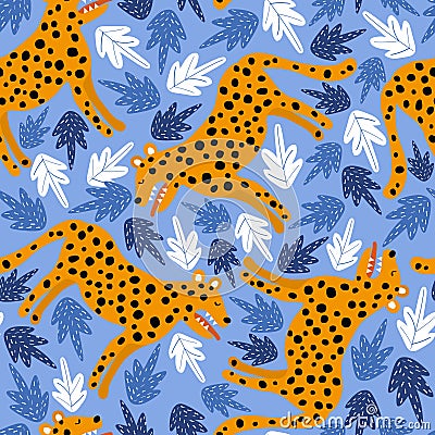 Colorful seamless pattern with leopards, leaves. Decorative cute background with animals Vector Illustration
