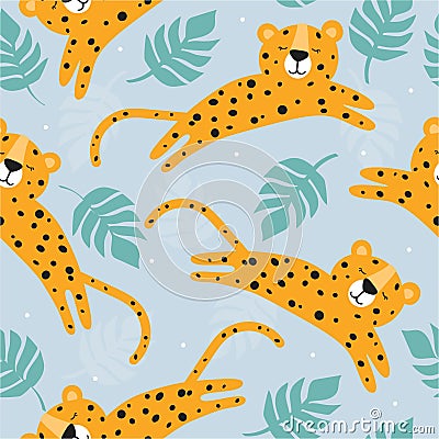 Colorful seamless pattern with leopards, palm leaves. Decorative cute background with funny animals Vector Illustration