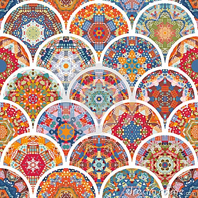 Colorful seamless pattern with mandalas. Decorative ornamental design in vector. Patchwork Vector Illustration