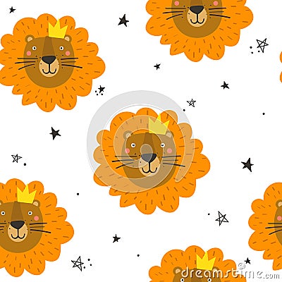 Colorful seamless pattern, muzzles of lions. Decorative cute background with happy animals Vector Illustration