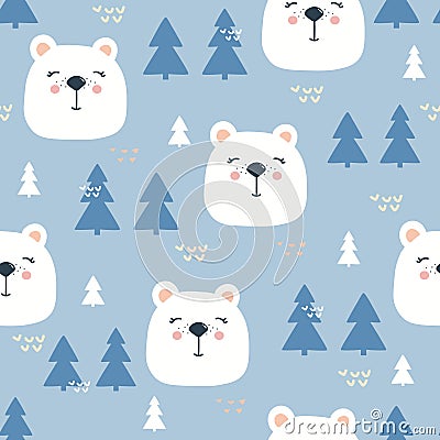 Colorful seamless pattern with muzzles of white bears, blue fir-trees Vector Illustration