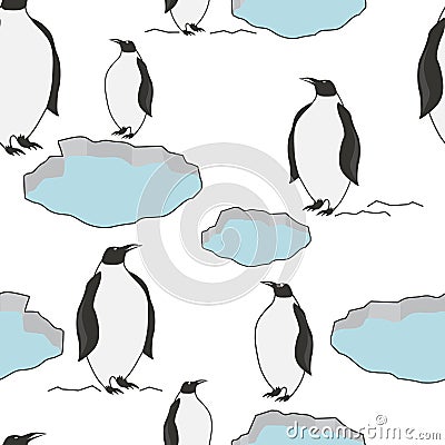 Colorful seamless pattern with penguins on the ice floes. Decorative cute background with sea birds Vector Illustration