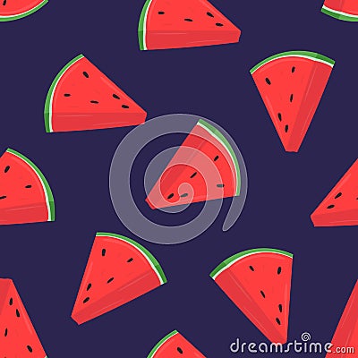 Colorful seamless pattern with pink slices of fresh watermelon on purple background. Backdrop with summer delicious Vector Illustration