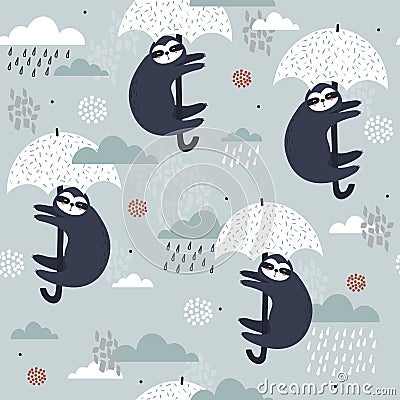 Colorful seamless pattern, sloths with umbrellas, sky. Decorative cute background with animals, clouds, rain Vector Illustration