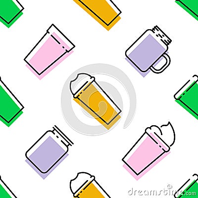 Colorful seamless pattern of smoothies Superfoods and health or detox diet food concept in line style Cartoon Illustration