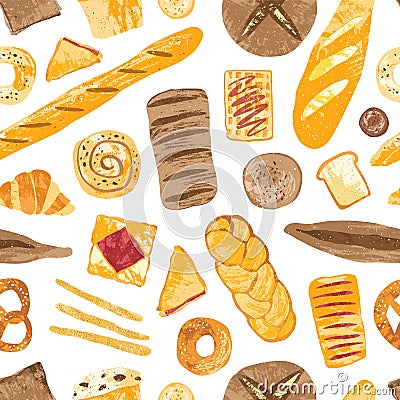 Colorful seamless pattern with tasty homemade baked breads, buns, baguettes, bagels, croissants, pretzels, toasts and Vector Illustration