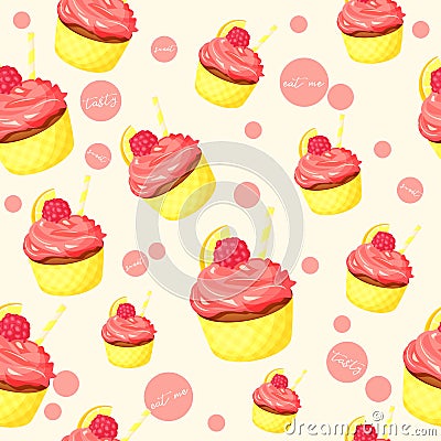 Colorful seamless pattern with tasty lemon cupcake with pink cream and raspberry in cartoon style. Vector illustration Vector Illustration