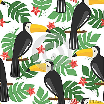 Colorful seamless pattern, toucans, palm leaves, flowers. Decorative cute background with birds, garden Vector Illustration