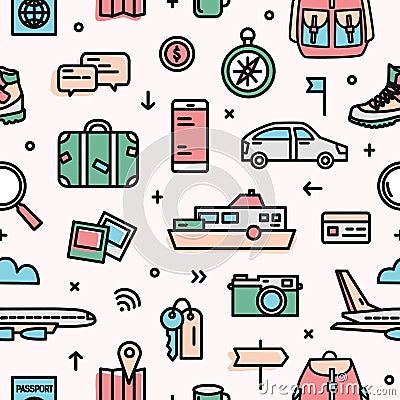 Colorful seamless pattern with transports, touristic and adventure travel tools and equipment on light background Vector Illustration