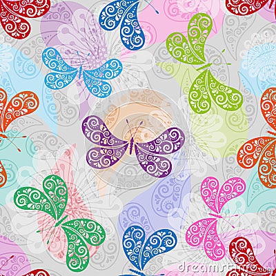 Colorful seamless pattern with vintage butterflies and flowers Vector Illustration