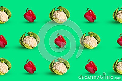A colorful seamless pattern of young cauliflower and bell pepper on a green background. The concept of healthy food. Stock Photo