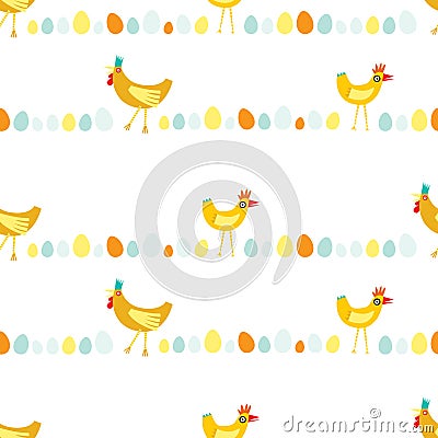 Colorful seamless repeat pattern of yellow and orange chickens in horizontal lines on a white background. Vector Illustration