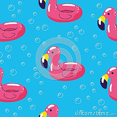 Colorful seamless summer pattern with hand drawn beach elements. Summer pool floating with flamingo. Seamless pattern Vector Illustration