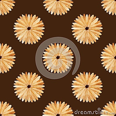 Colorful seamless watercolor pattern with simple flowers on a brown background. Pattern for various autumn products. Stock Photo