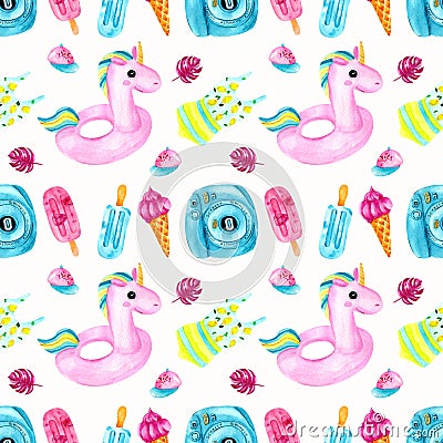 Watercolor seamless pattern with ice cream on a black Cartoon Illustration