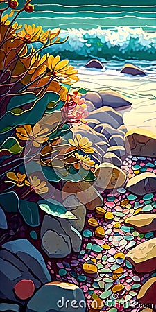 Colorful seascape with pebbles and flowers. Digital painting Stock Photo